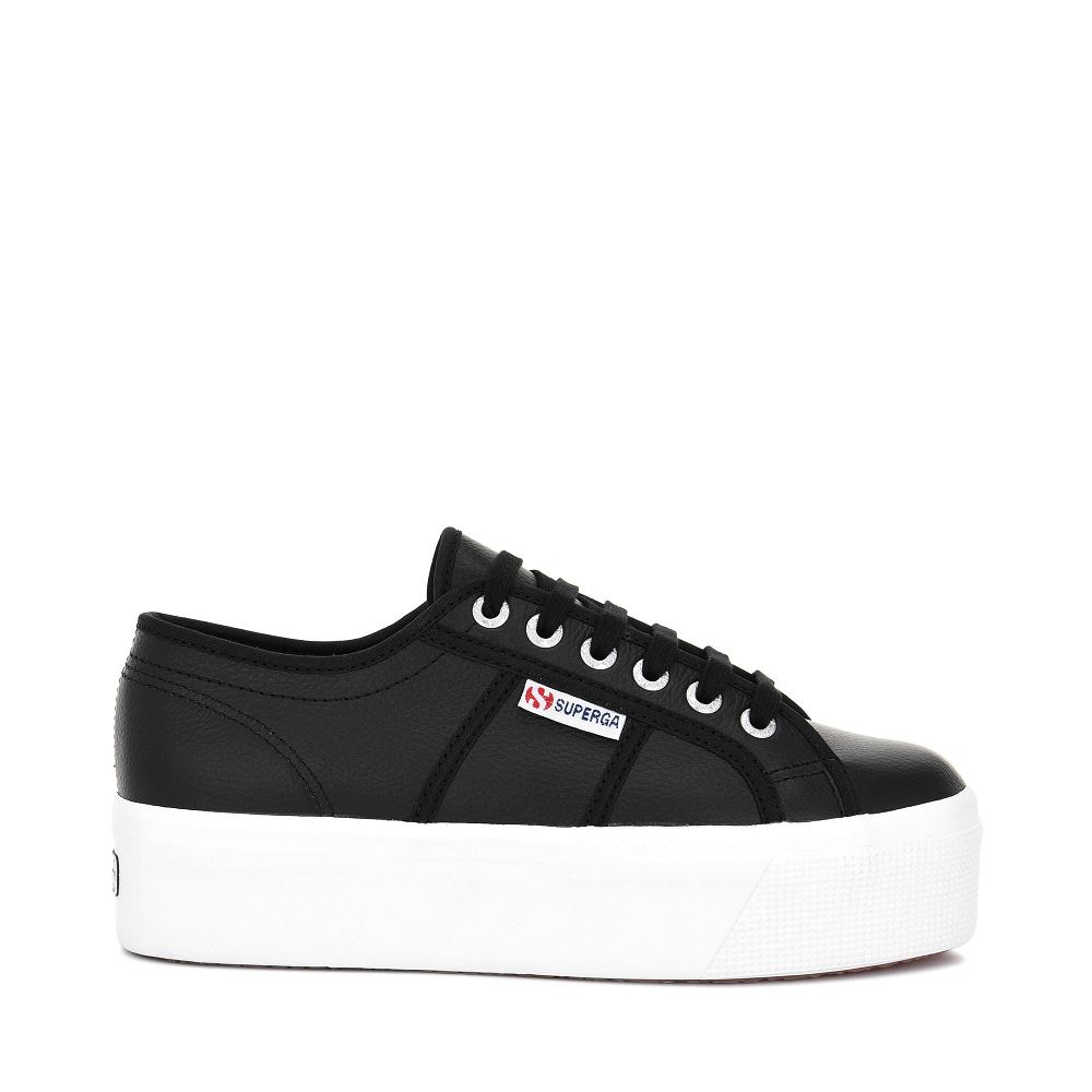 Superga 2790 Tumbled Leather Black Platform Sneakers - Women's Sneakers USA | US9276420